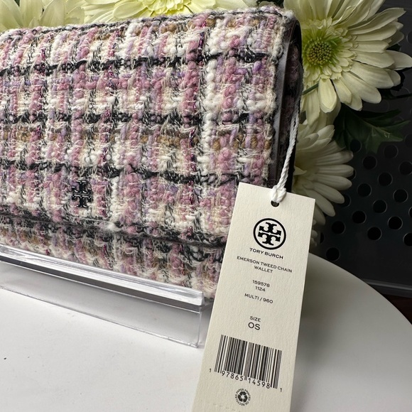 Tory Burch Emerson Tweed chain wallet NWT Ivory/Purple - Picture 4 of 13